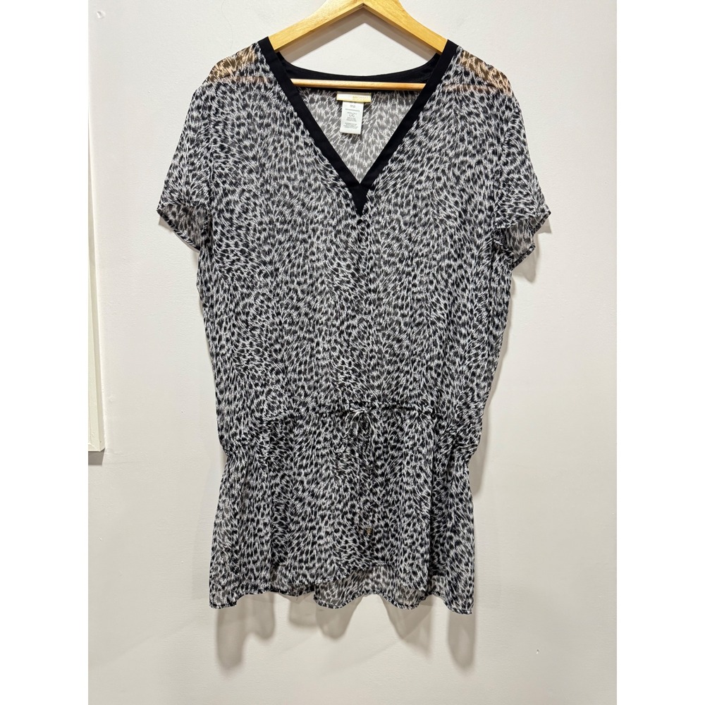 Michael Michael Kors Animal Print V-Neck Sheer Tunic Top Black White Large